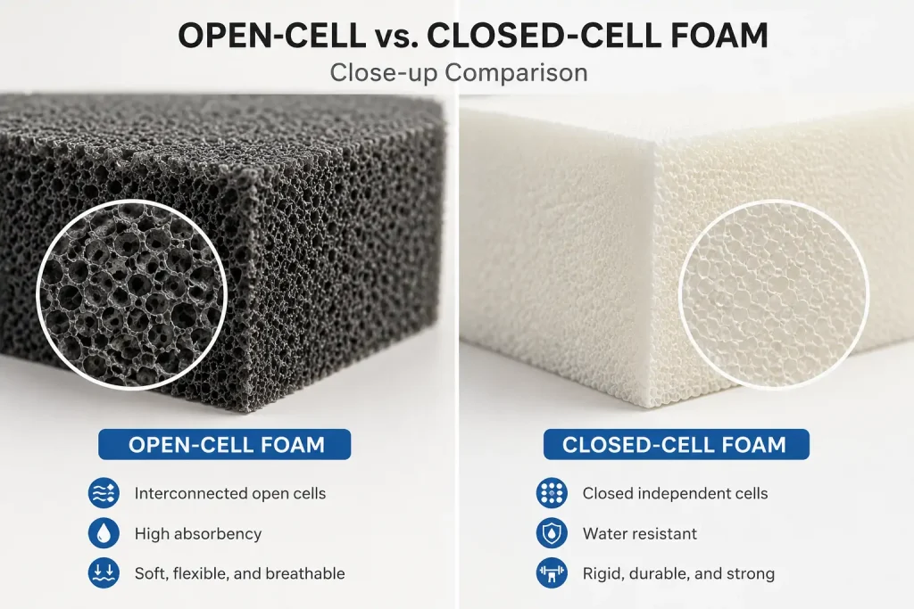Close-up comparison of open-cell and closed-cell foam samples