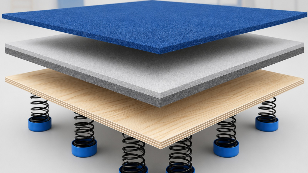 A spring floor is a coordinated system of surface, cushion, support panel, and spring base.