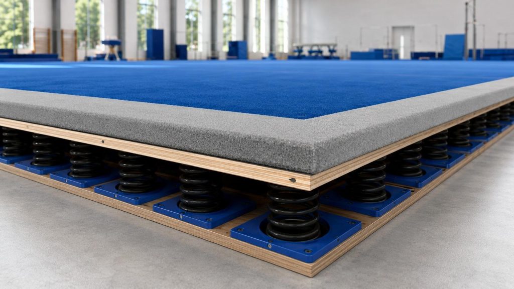 Visible spring support elements help buyers understand the system beneath the training surface.