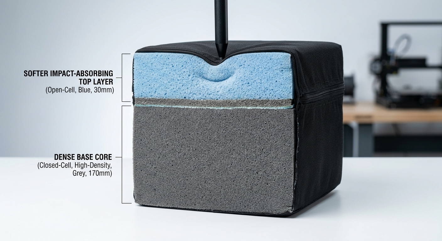 Cross-section of layered foam crash mat showing density differences
