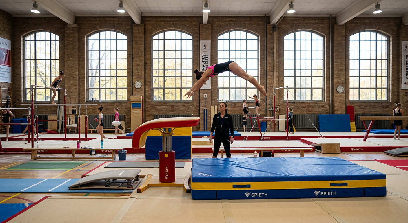 Gymnastics vault area with thick crash mat placed for high-fall landings