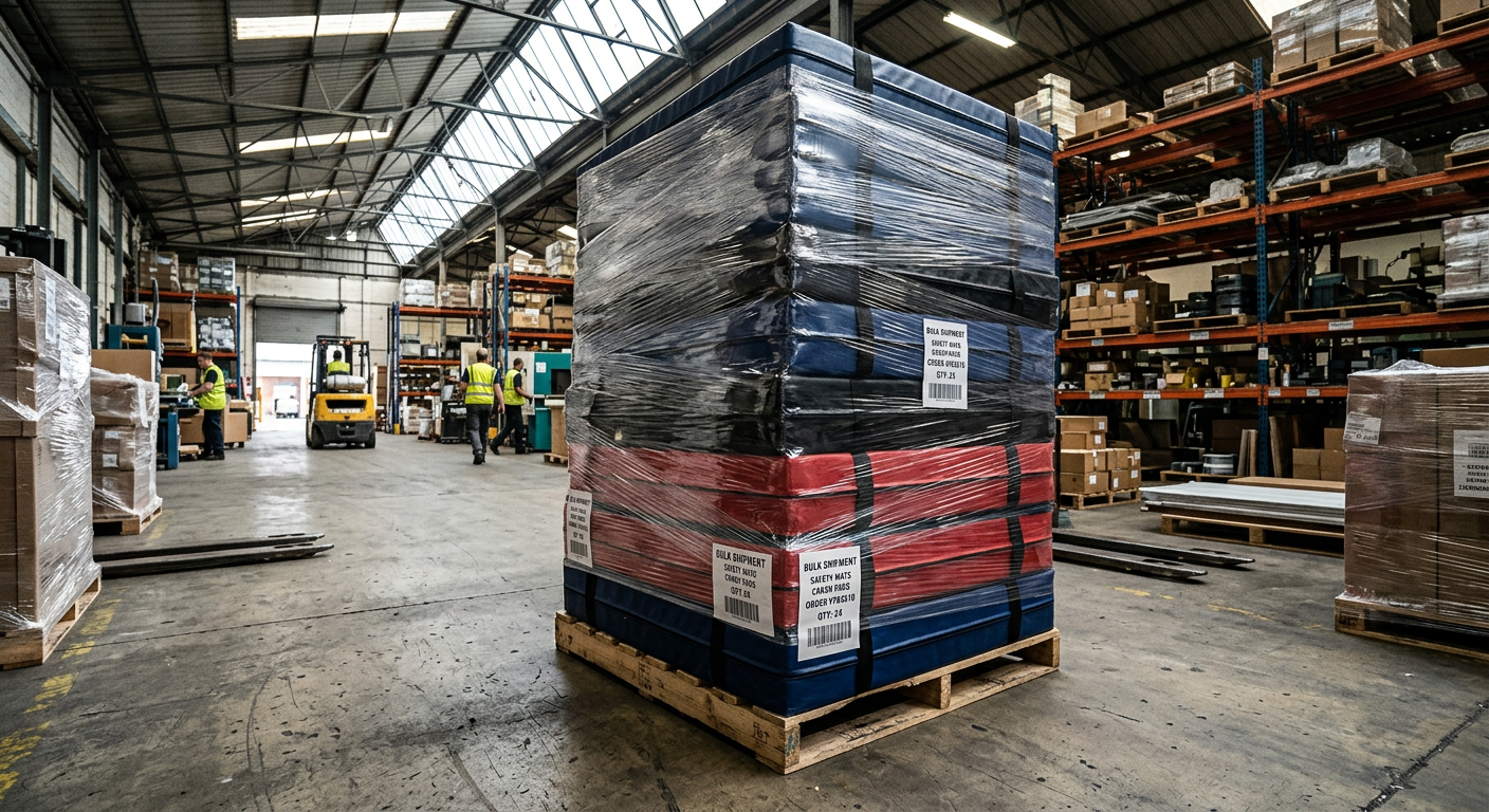 Pallet of stacked crash mats ready for bulk wholesale shipment