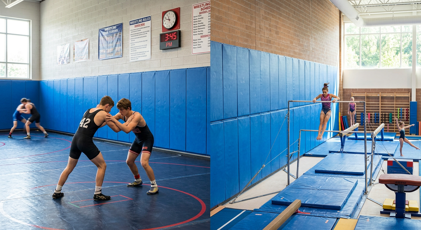 Comparison of wrestling room and gymnastics facility wall padding heights
