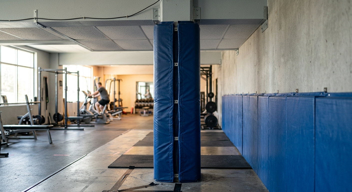 Floor to ceiling padded support column in a training facility