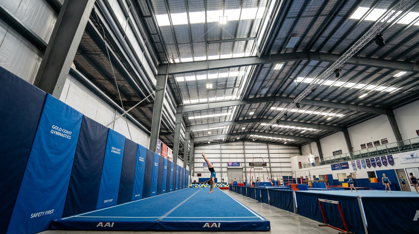 Tall wall padding along a gymnastics tumbling runway with high ceiling