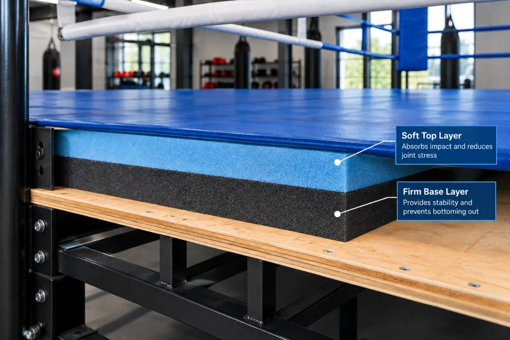 Dual-density foam padding layers used in boxing ring construction