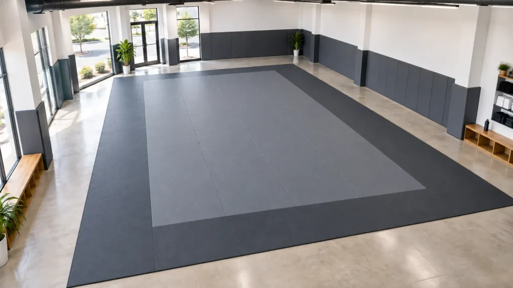 Empty martial arts gym floor plan with matted area and wall padding