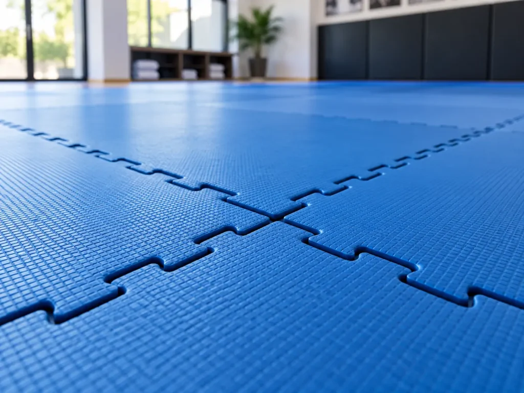 Close-up of interlocking mat tile seams on a gym floor