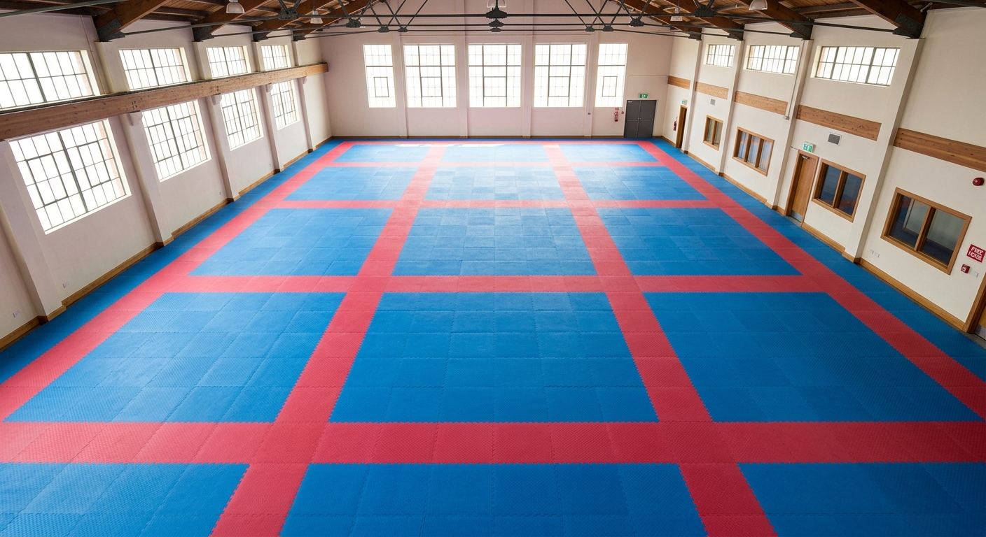Overhead view of interlocking tile flooring in a training room