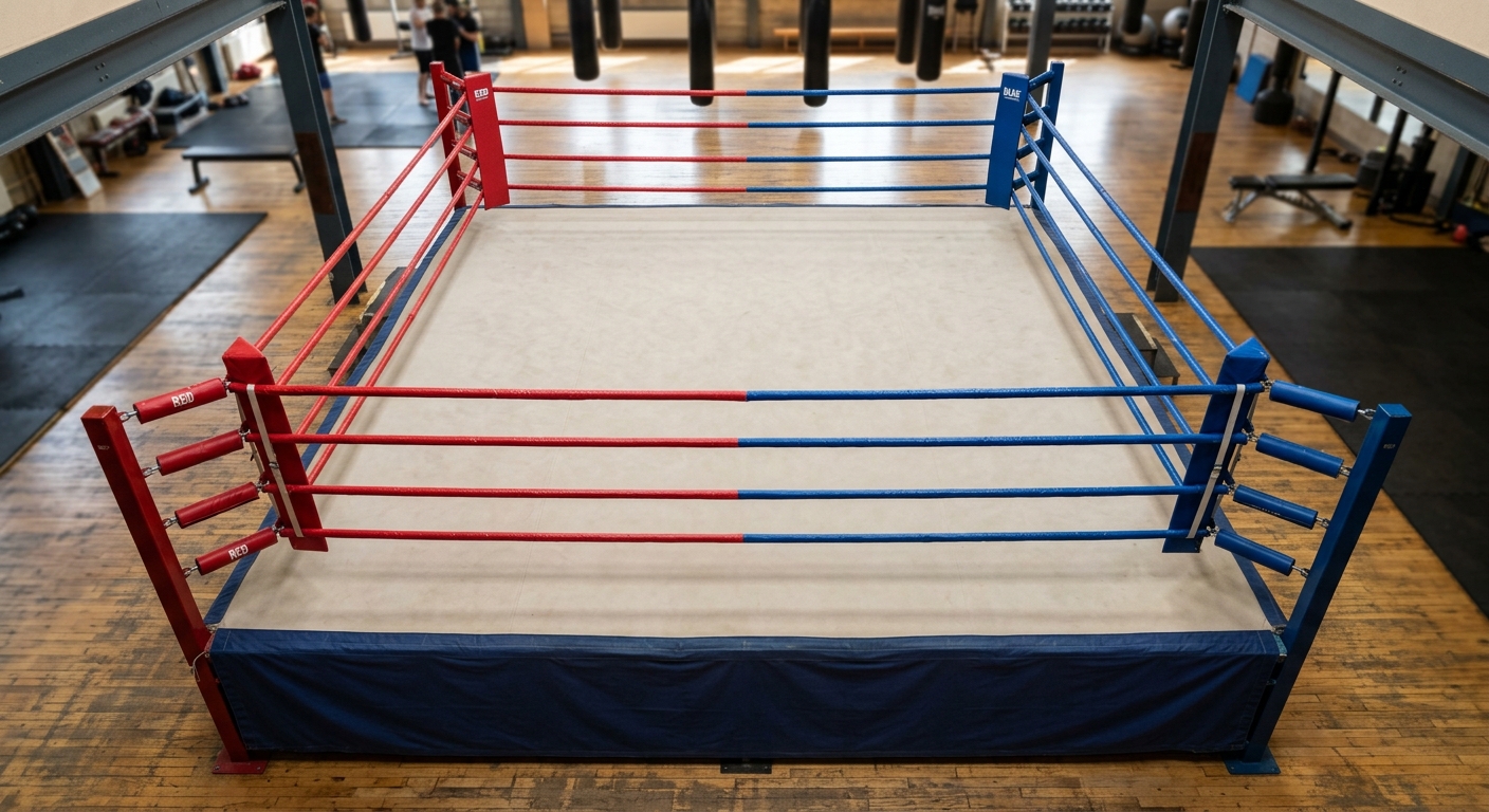 Overhead view of boxing ring dimensions showing apron and rope corners