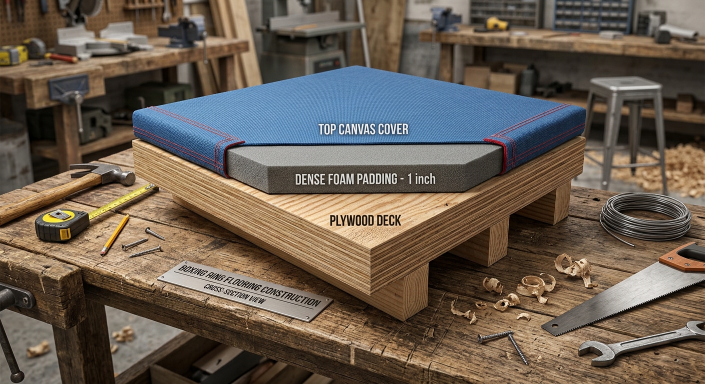 Cross-section of boxing ring flooring layers including plywood, foam, and canvas