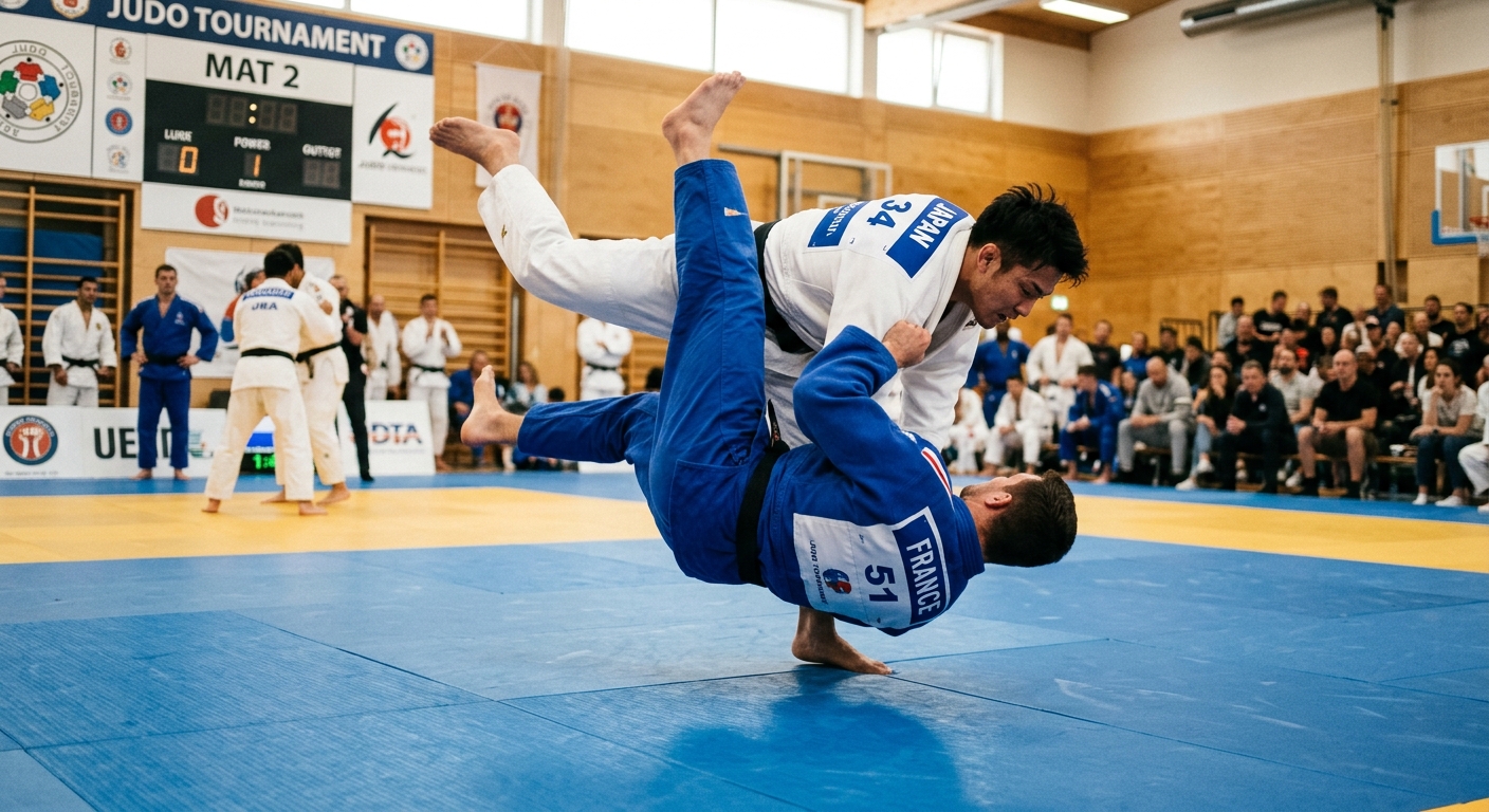 Judo athlete landing on mat during throw training