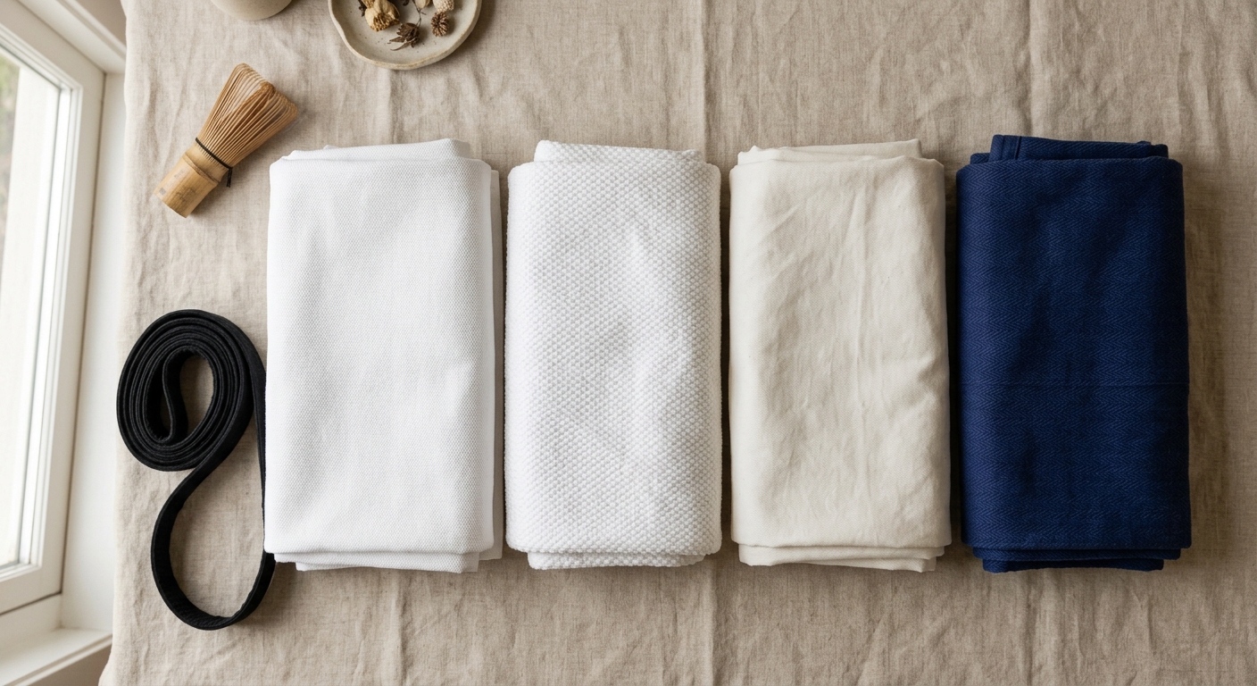 Folded judo gi fabric samples showing different weave textures