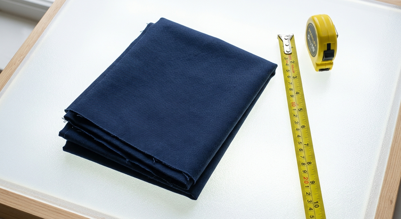 Judo gi fabric sample being measured before and after a shrinkage test