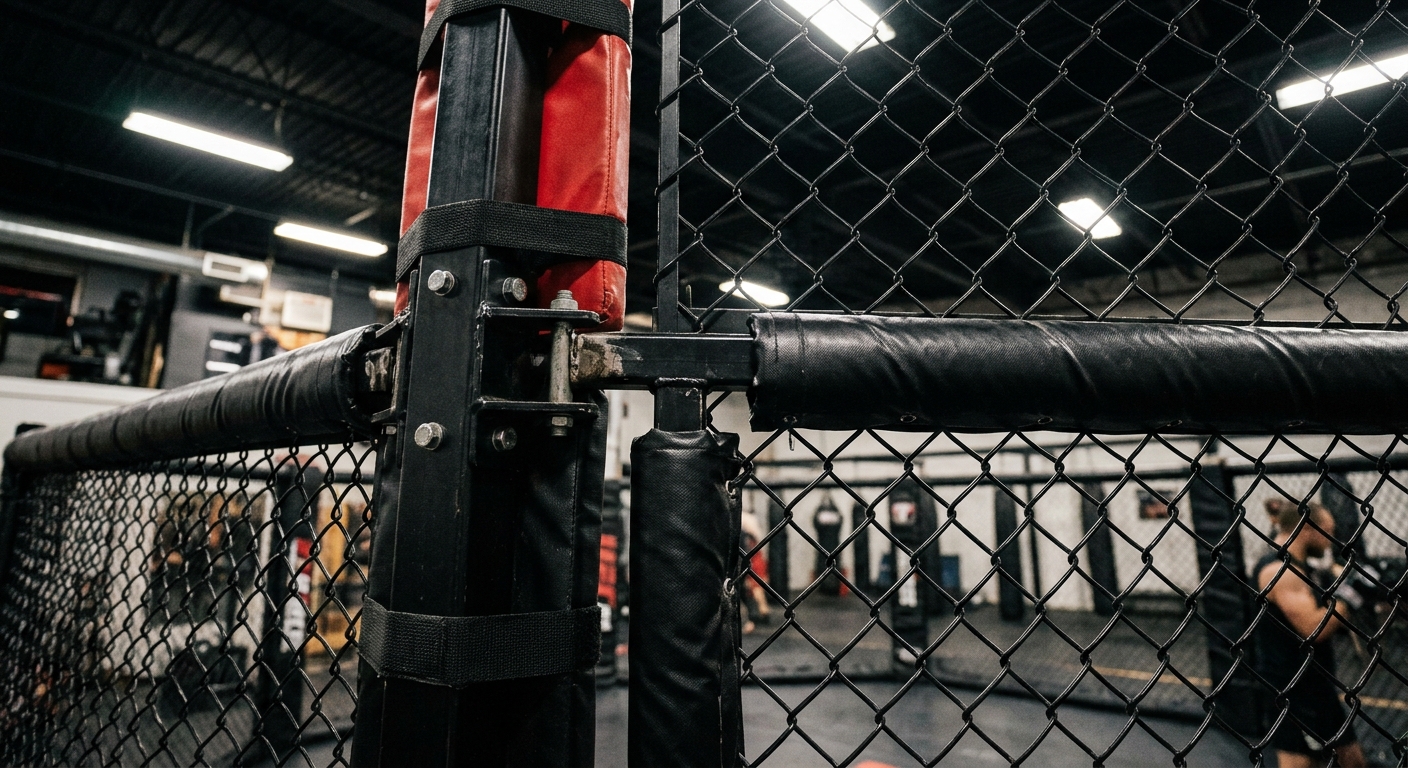 Hexagonal MMA cage fence panel showing steel framing and padding