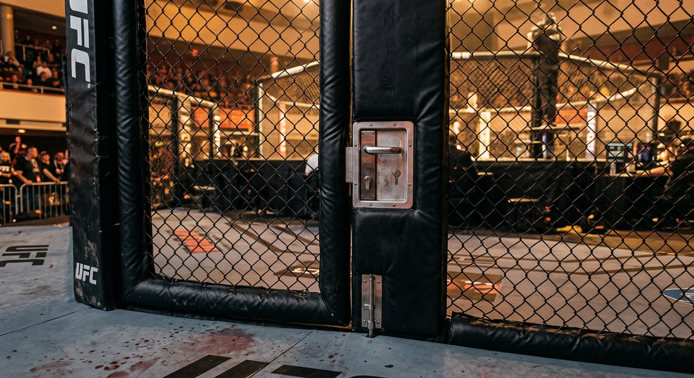 MMA cage door with padded frame and recessed flush latch