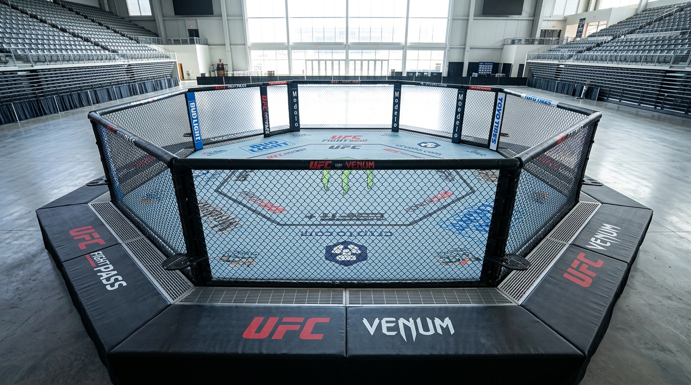 MMA cage floor and padded apron edge integrated with fence base