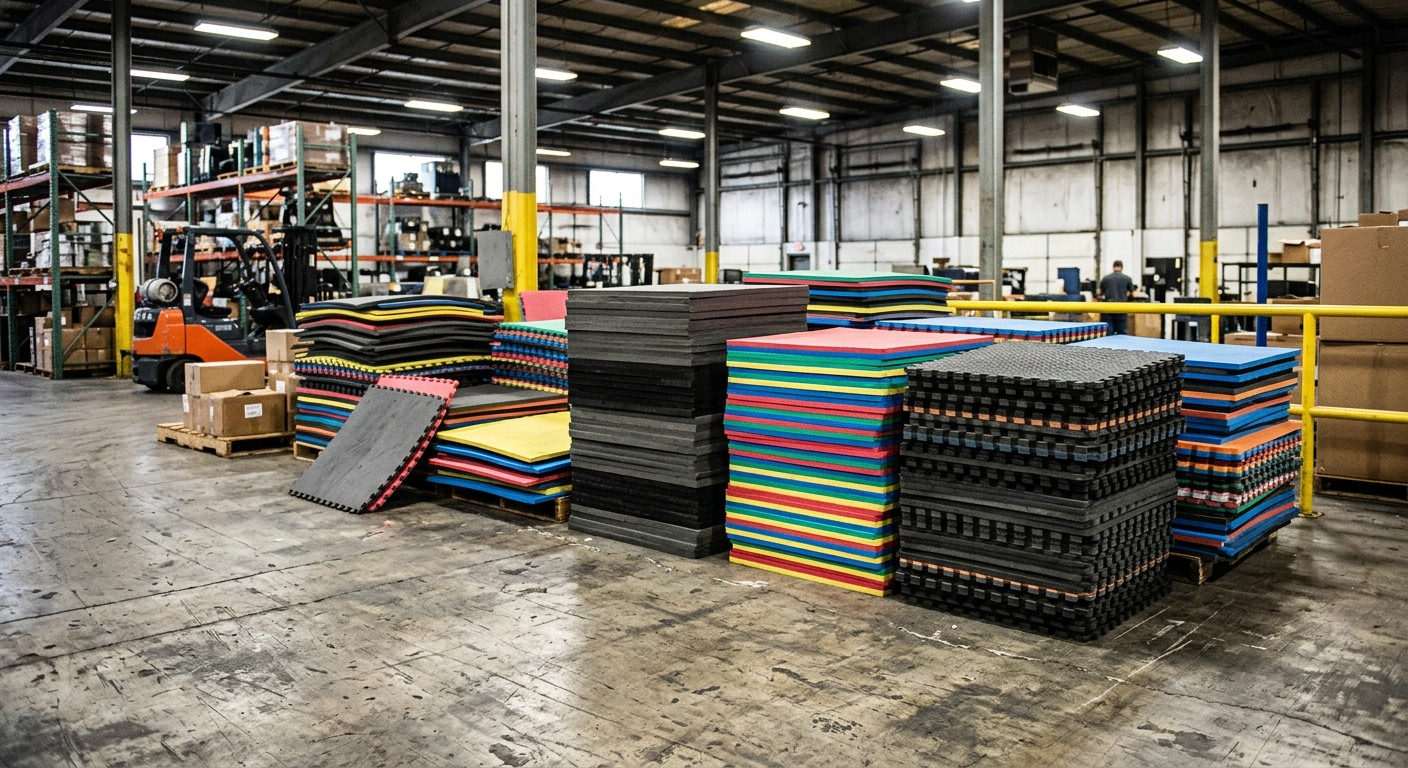 Stacked colored foam mat tiles of varying density in a warehouse