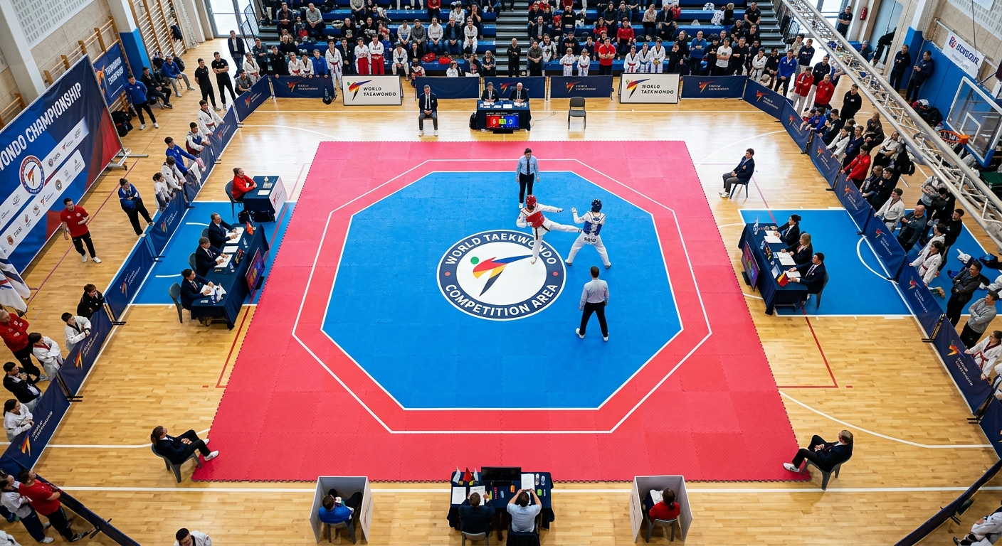 Custom branded competition-style taekwondo mat with logo zone