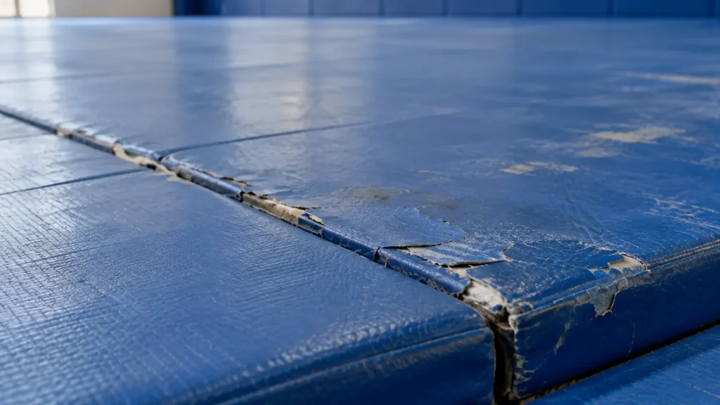 Cracked and discolored martial arts mat surface from chemical damage