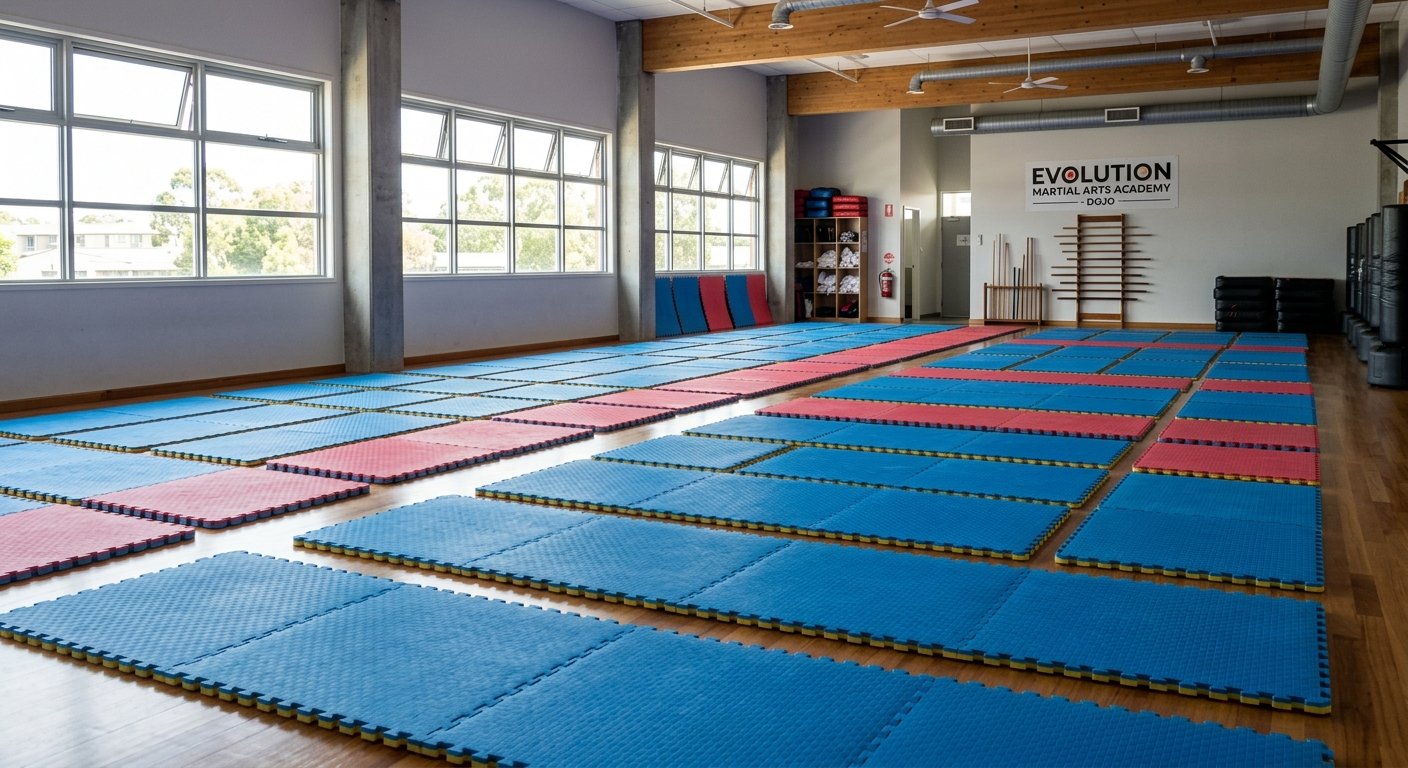 Martial arts mats air-drying flat in a ventilated gym space