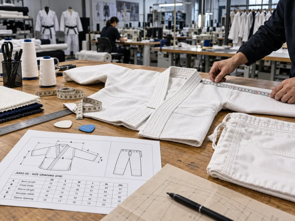 Technical size grading chart and measuring tools on a manufacturing workbench